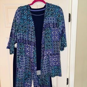 Cuddl Duds 3 Piece Pajama Set S/S Top 3/4 Slve Jacket Capri Pants Blue Floral M